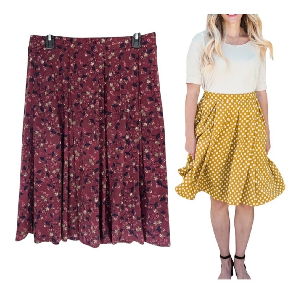 LuLaRoe Madison Womens Burgundy Floral Print Pleated Midi Skirt Pockets 3XL